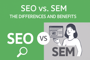 A luxury-style infographic comparing SEO and SEM, with gold accents and icons representing each strategy.